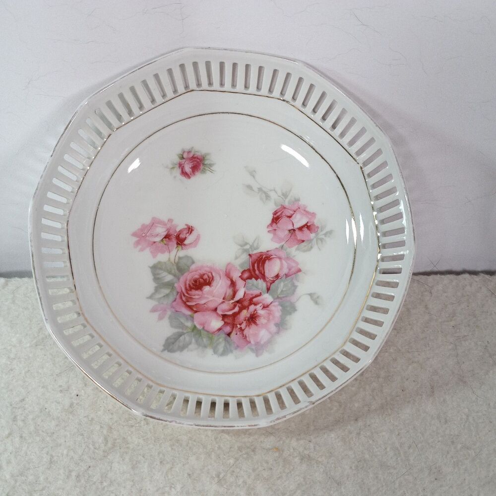 Vintage Schumann Bavaria Rose Bowl Reticulated Porcelain Pink Roses Gold Trim